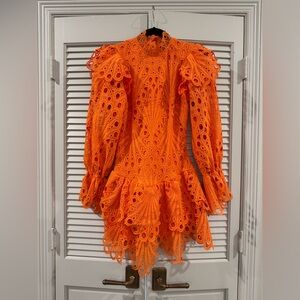 NWT The Sang Orange Eyelet Lace Long-Sleeve Mini Dress with Puff Shoulders